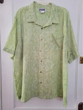 Haband Mens Short Sleeve Shirt Button Front Size 3X Green Floral Tropical